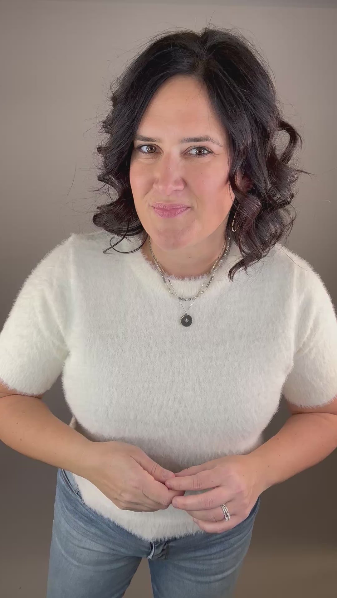 Ivory Fluffy Short Sleeve Sweater Top - Sweater STACCATO