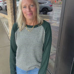 Forest & Taupe Stripe Raglan Crew Sweater Top - Sweater STACCATO
