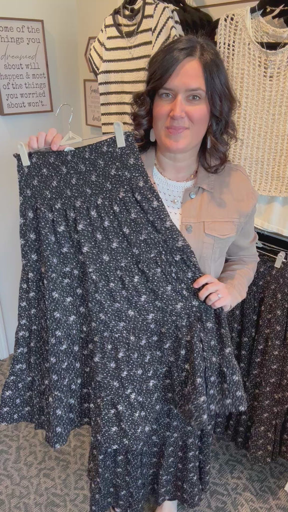 Black/Mocha Floral Tiered Midi Skirt Bottom- Skirt WISHLIST