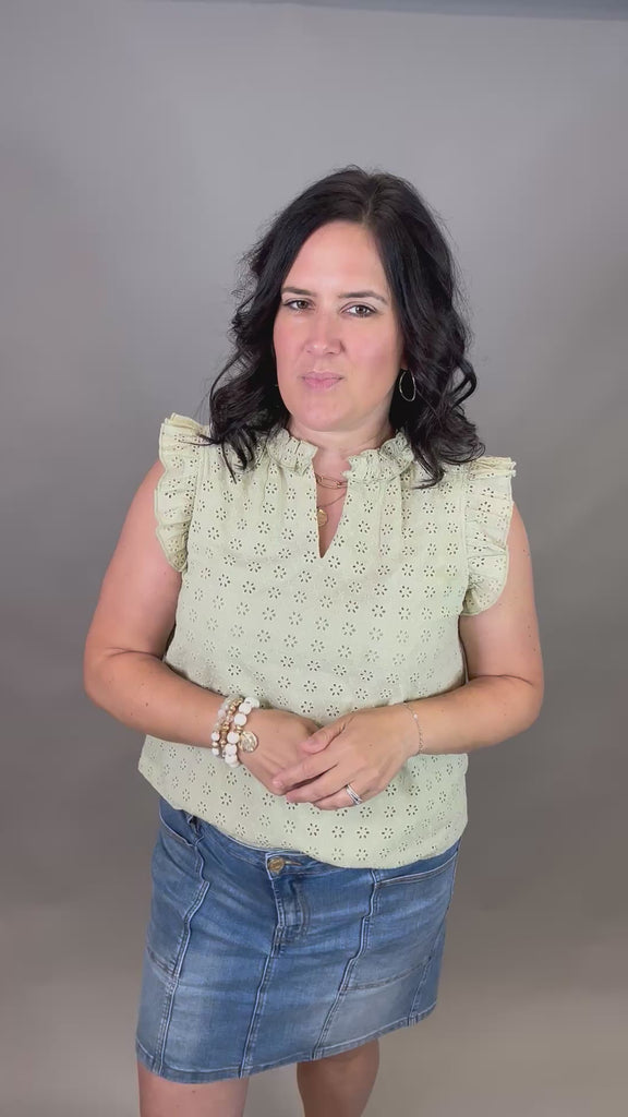 Sage Eyelet Ruffle Cap Sleeve Top Tops- Blouses DOE & RAE
