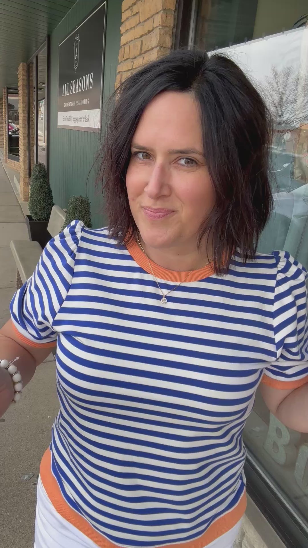 Royal & White Striped Puff Sleeve Top Tops- Sweatshirts JODIFL