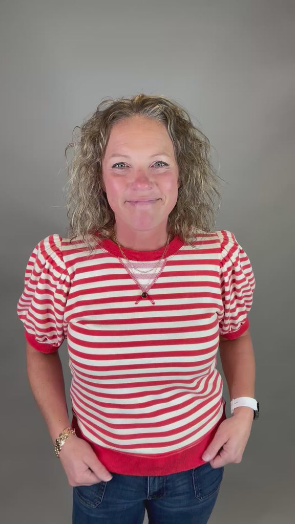 Red/Ivory Striped Puff Sleeve Top Top- Sweatshirts JODIFL
