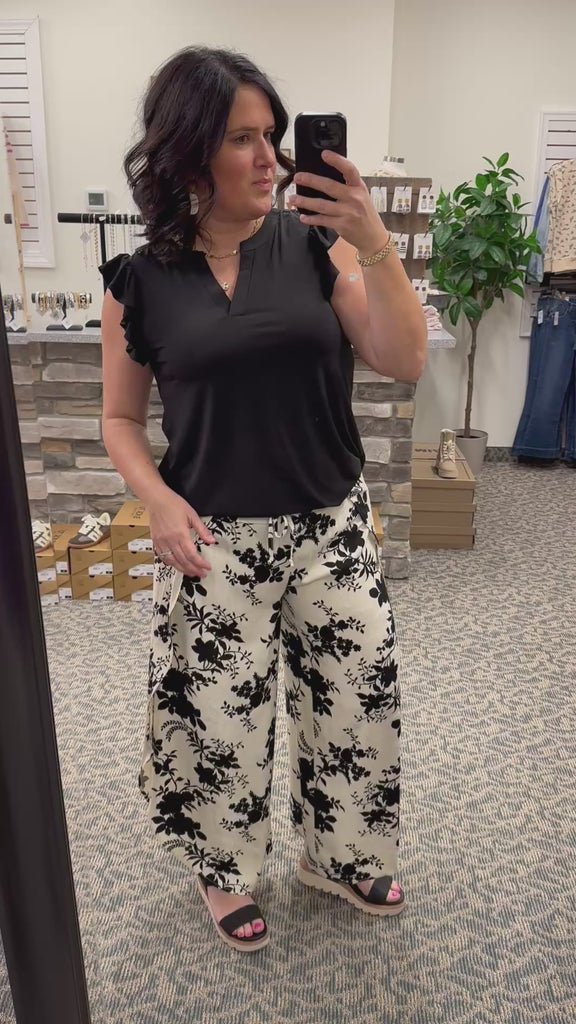 Black Floral Tulip Hem Pants Bottoms - Pants HEM & THREAD