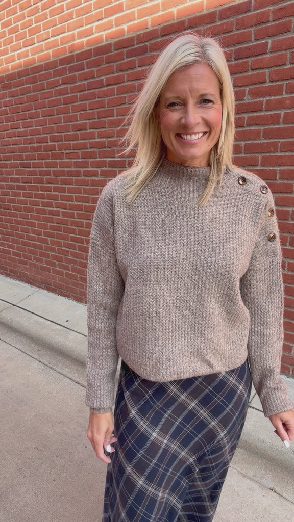 Mocha Side Shoulder Button Ribbed Sweater Top - Sweater Mable