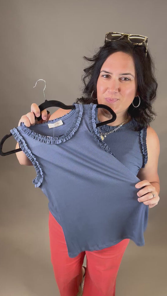 Denim Ruffle Tank Tops- Tanks DOE & RAE