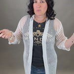White Coastal Crochet Tie Kimono OS Tops- Cardigans PRETTY SIMPLE WHOLESALE