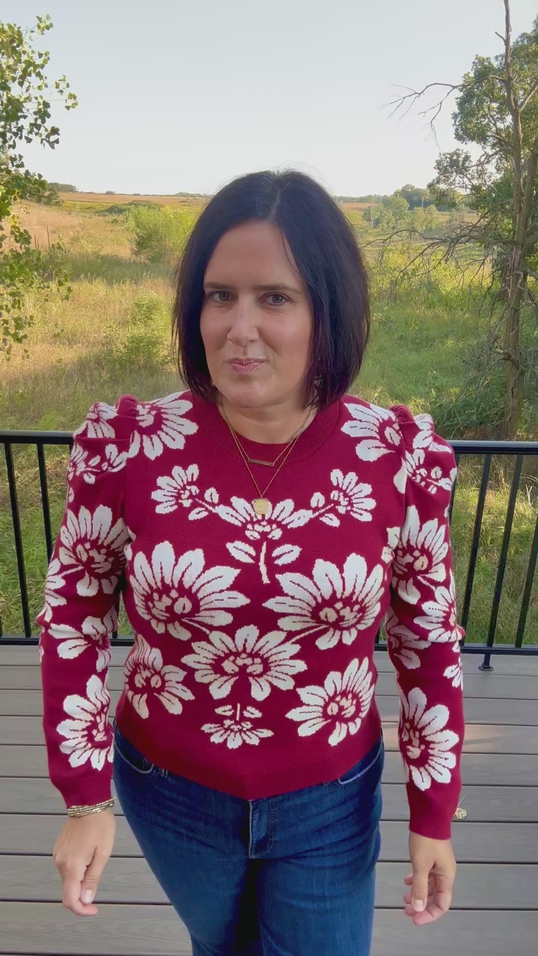 Burgundy Ivory Large Floral Puff Sleeve Knit Sweater Top - Sweater VOY