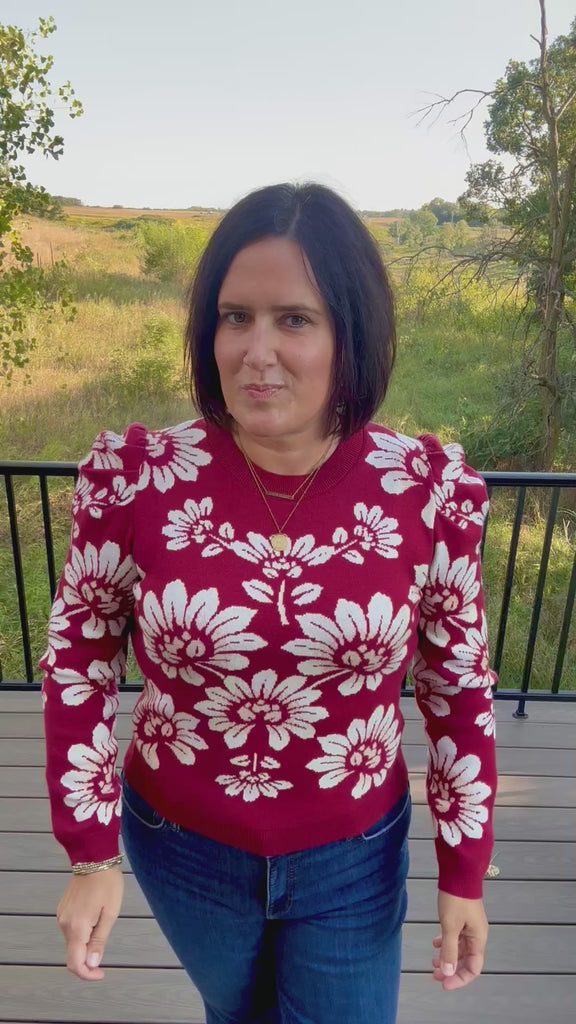 Burgundy Ivory Large Floral Puff Sleeve Knit Sweater Top - Sweater VOY