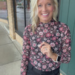 Black Multi Floral Print Mesh Mock Neck Top Tops- Blouses HEM & THREAD