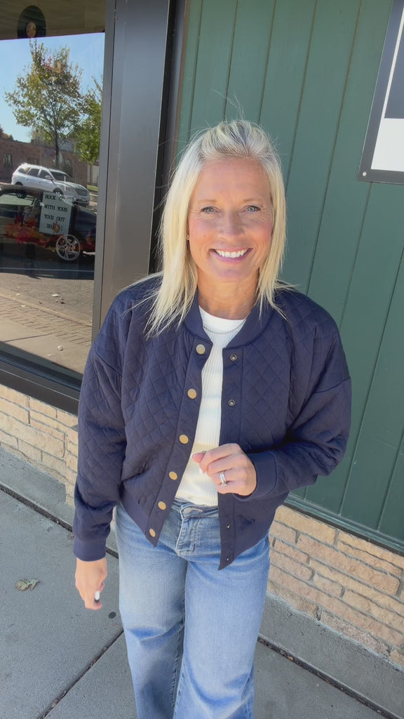 Navy Hallie Quilted Knit Bomber Jacket Outerwear- Jackets FLAG AND ANTHEM
