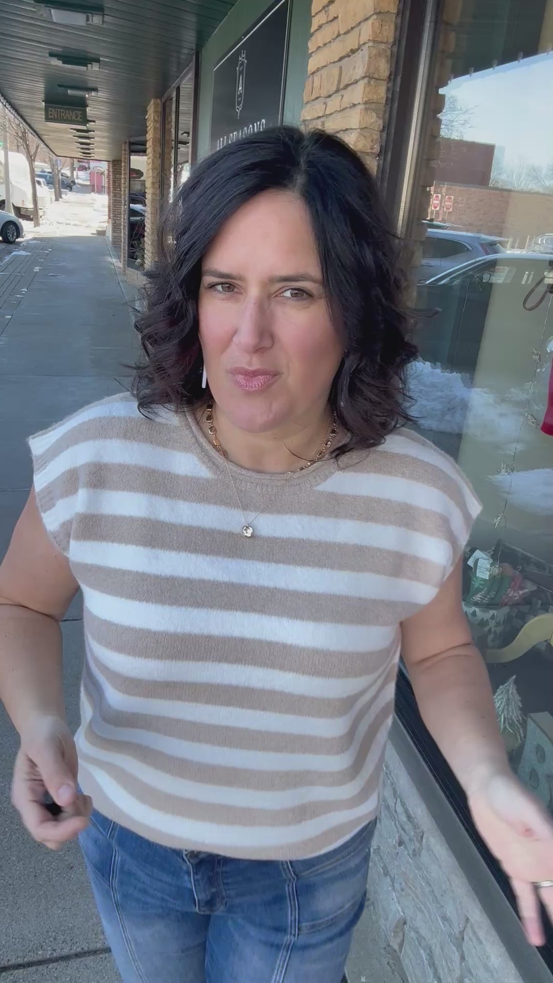 Taupe/White Striped Sweater Vest Top - Sweater WISHLIST
