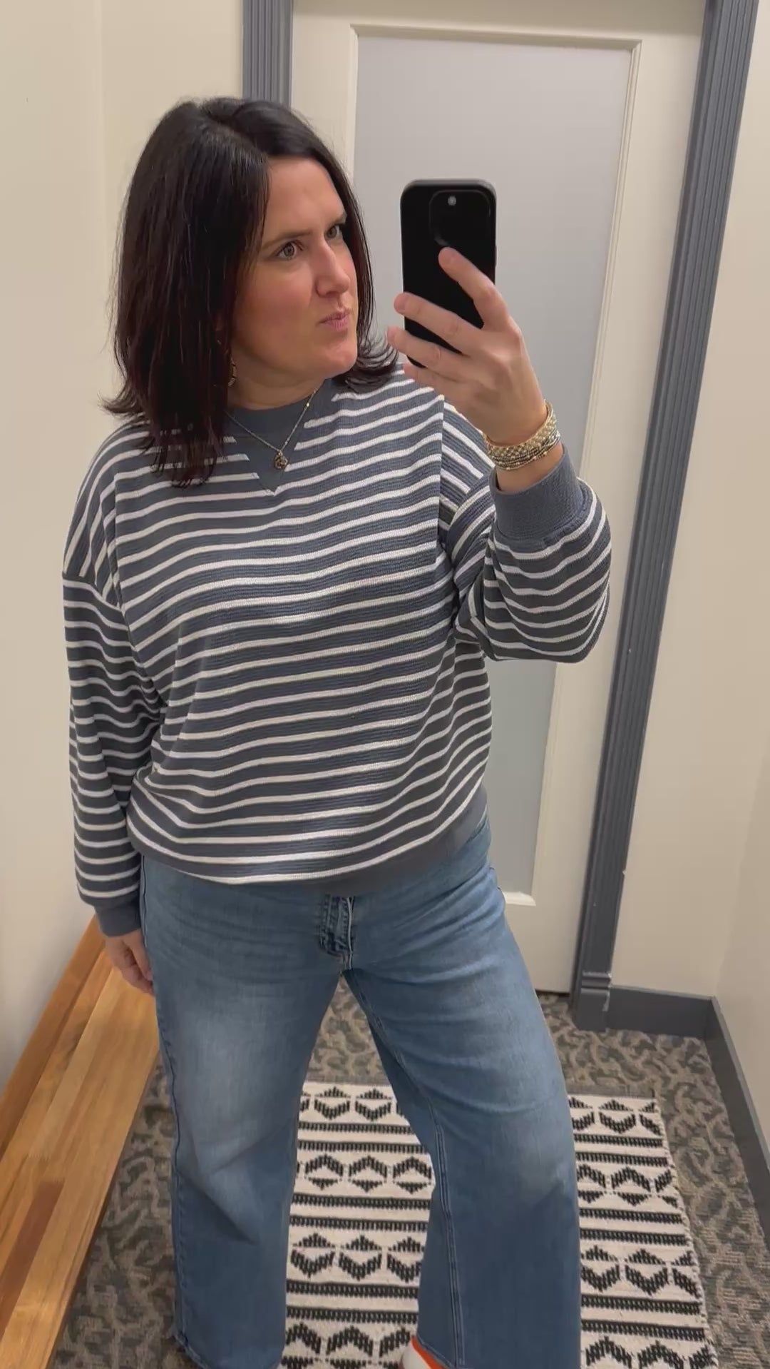 Denim Cloudy Knit Stripe Sweatshirt Top- Sweatshirt TRES BIEN