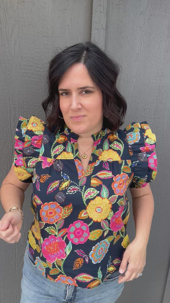 Ruffle Sleeve Floral Top Tops- Blouses THML