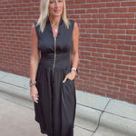 Black Smocked Waist Zip Midi Dress Dresses DOE & RAE