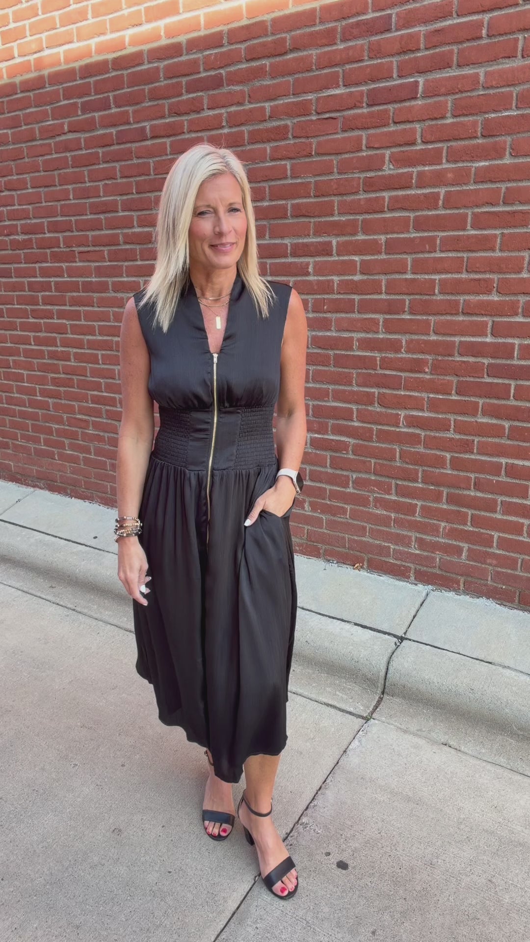 Black Smocked Waist Zip Midi Dress Dresses DOE & RAE