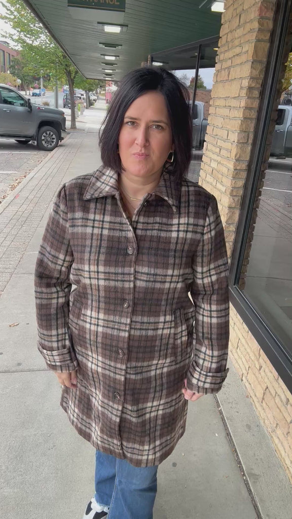 Brown Plaid Shirt Collar Button Front Long Coat Outerwear- Jackets HEM & THREAD