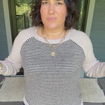 Taupe & Black Stripe Raglan Crew Sweater Top - Sweater STACCATO