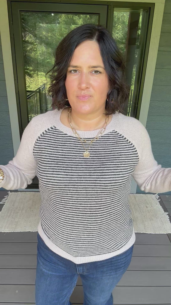 Taupe & Black Stripe Raglan Crew Sweater Top - Sweater STACCATO