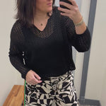 Black Split Neck Open Knit Sweater Top - Sweater DOE & RAE