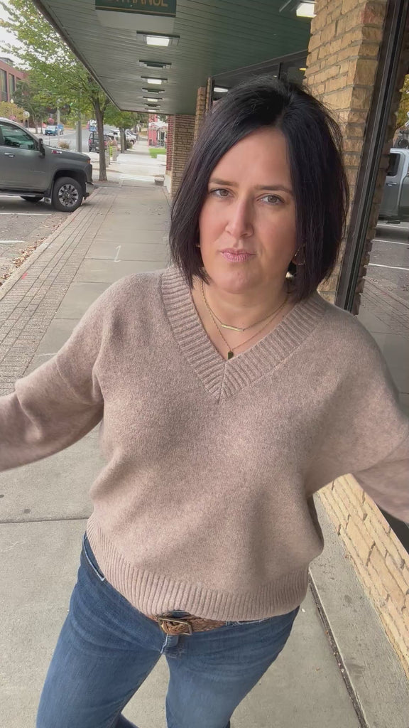 Mocha V-Neck Basic Sweater Top - Sweater HEM & THREAD