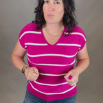 Magenta Striped V Neck Short Sleeve Sweater Top - Sweater STACCATO