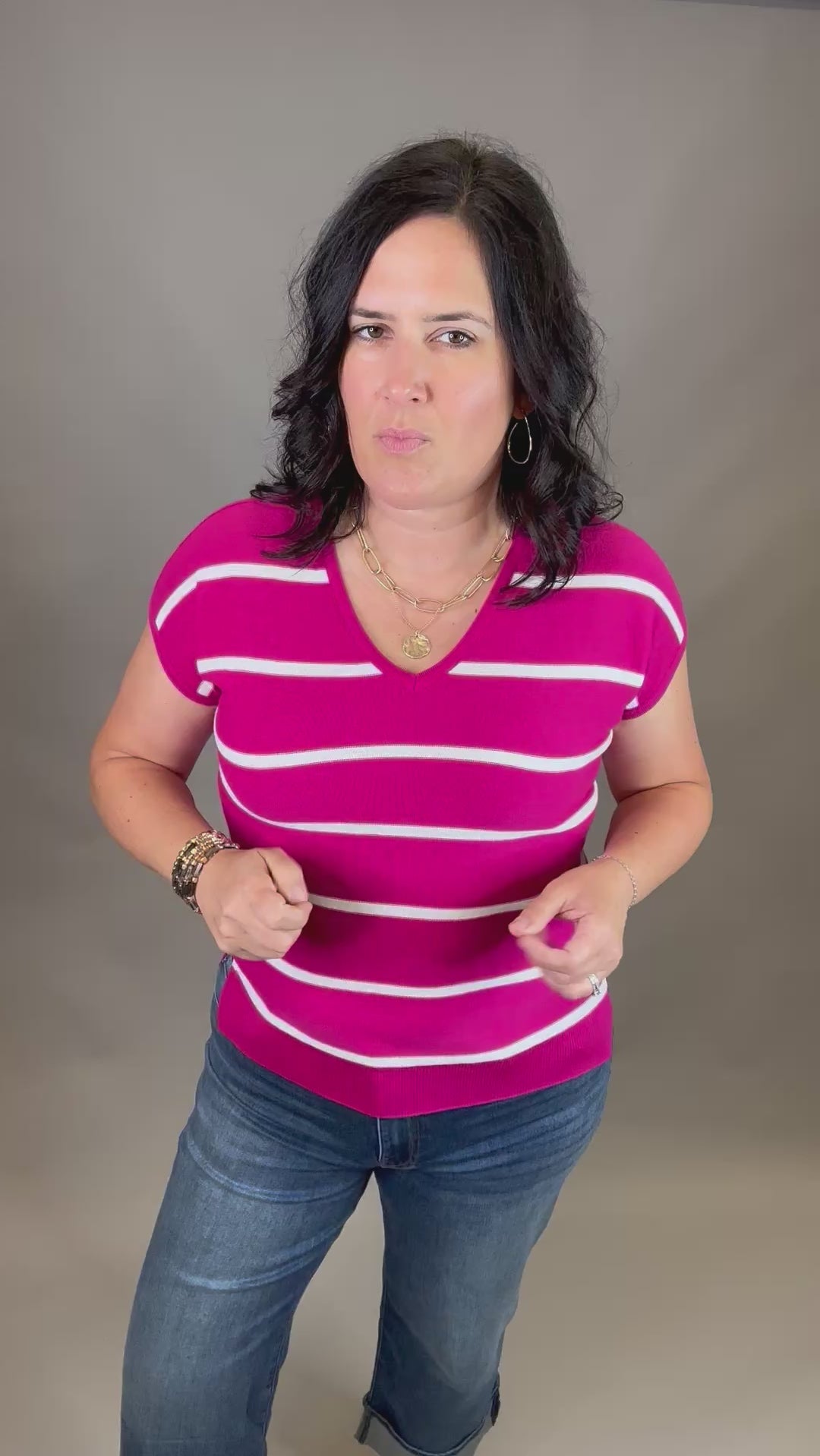 Magenta Striped V Neck Short Sleeve Sweater Top - Sweater STACCATO