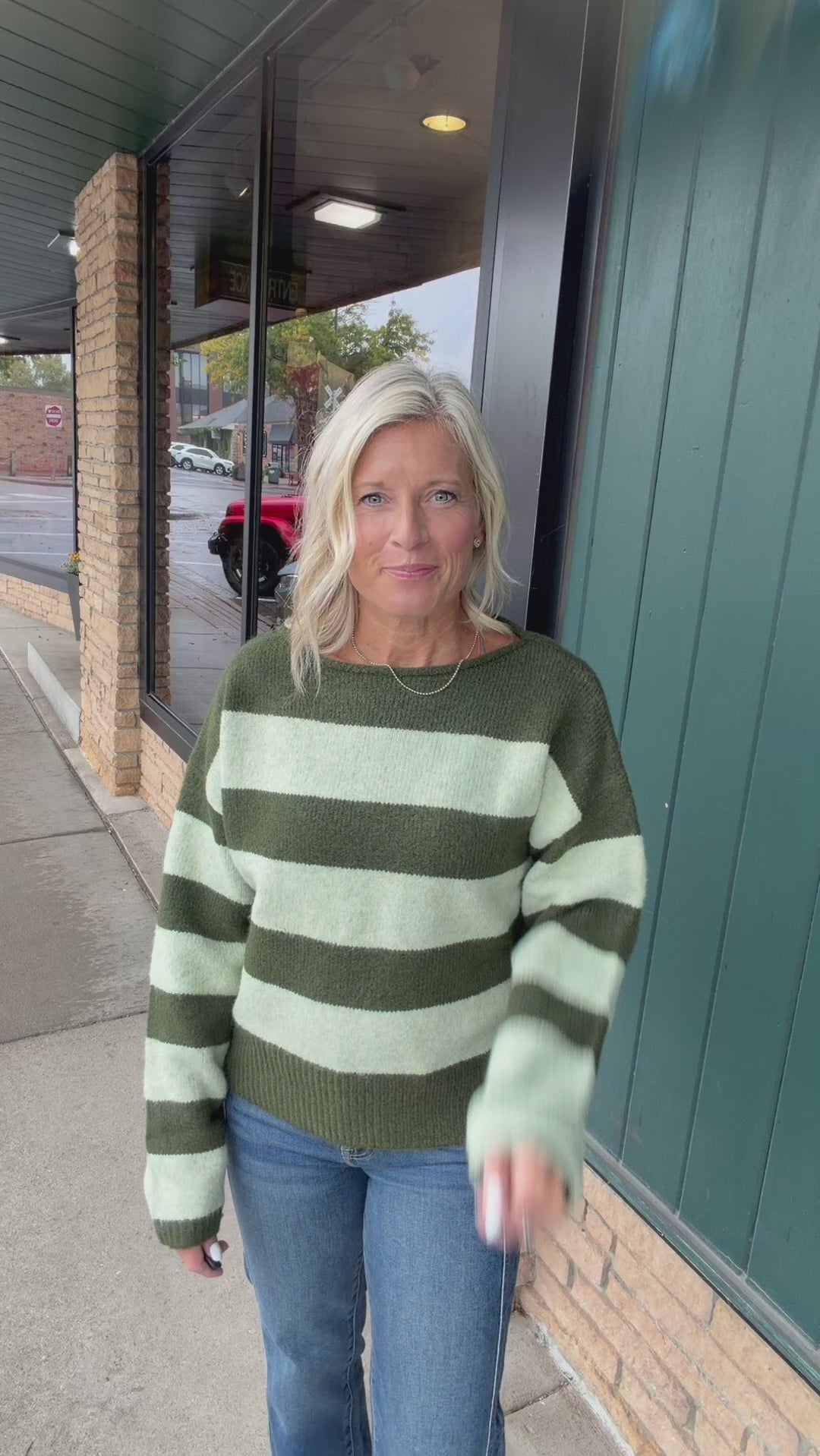 Forest Lime Striped Boatneck Sweater Top - Sweater WISHLIST