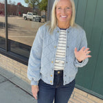 Light Denim Blue Quilted Bomber Jacket Outerwear- Jackets Mystree