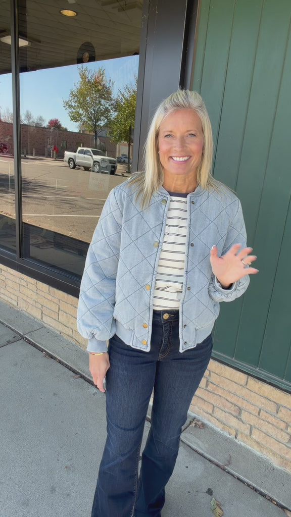 Light Denim Blue Quilted Bomber Jacket Outerwear- Jackets Mystree