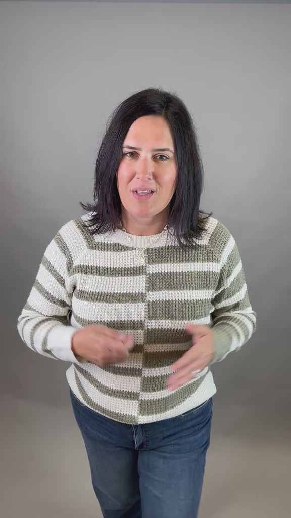 Lt. Olive Multi Stripe Raglan Sweater Top - Sweater STACCATO
