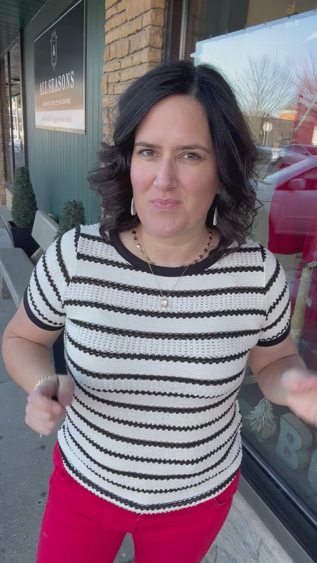 Ivory/Black Pointelle Striped Top Top - Sweater STACCATO