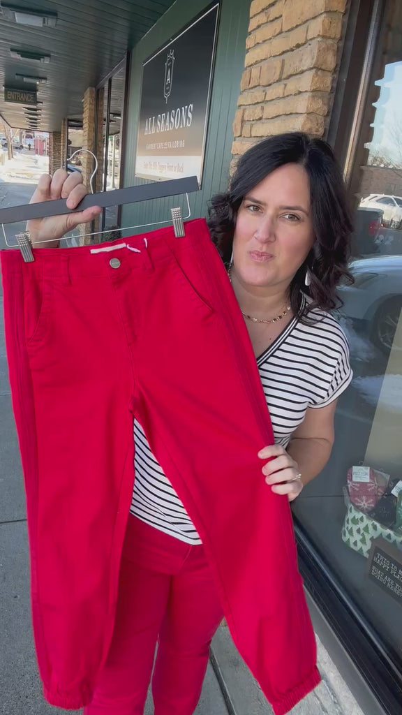 Scarlet Red High-Rise Crop Jogger Pants Bottoms- Joggers RISEN