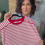 Blue/White Striped Top Piping Detail Top - Tee STACCATO