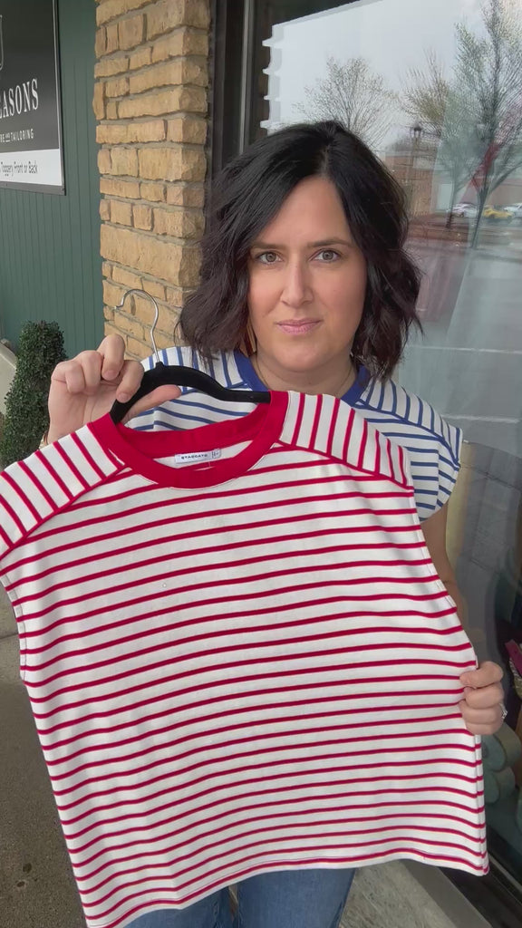 Blue/White Striped Top Piping Detail Top - Tee STACCATO