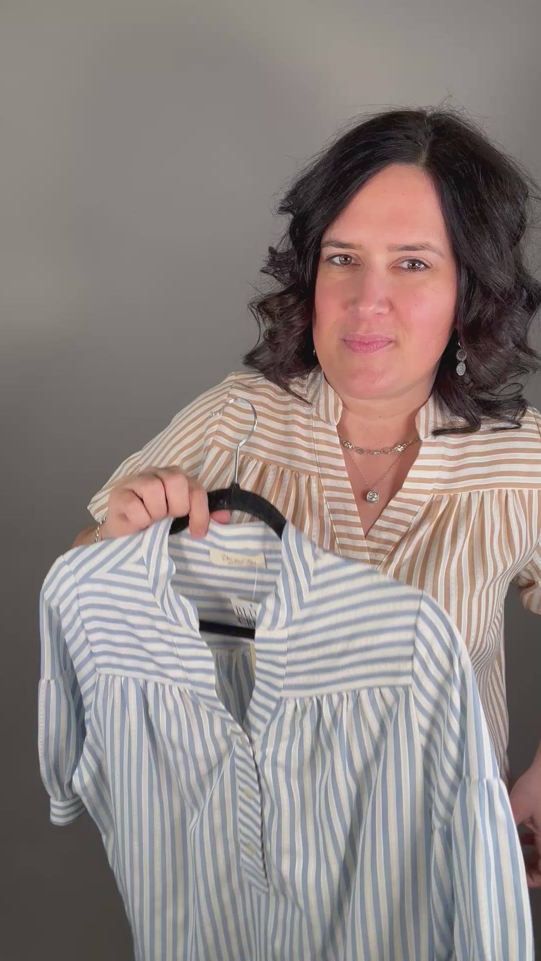 Tan Striped Puff Sleeve Pullover Top Tops- Blouses DOE & RAE