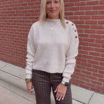 Oatmeal Side Shoulder Button Ribbed Sweater Top - Sweater Mable