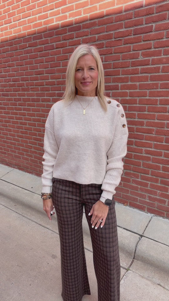 Oatmeal Side Shoulder Button Ribbed Sweater Top - Sweater Mable
