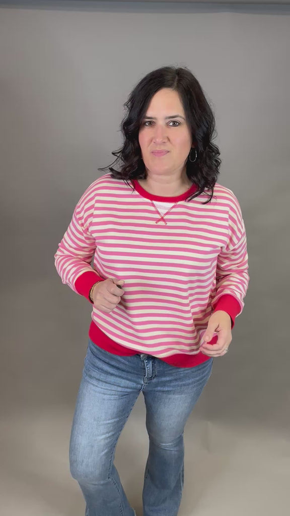 Pink Contrast Oversized Stripe Sweatshirt Tops- Sweatshirt HEM & THREAD