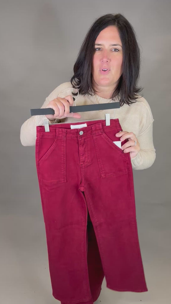 Wine Ankle Flare Patch Pocket Jeans Bottom- Pants RISEN