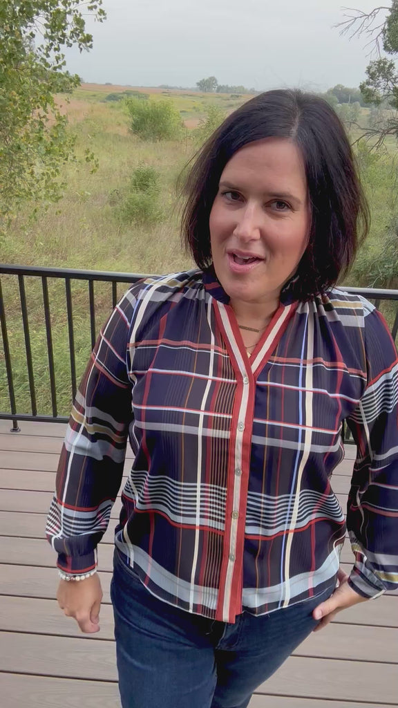 Navy Plaid Button Front Blouse Tops- Blouses THML