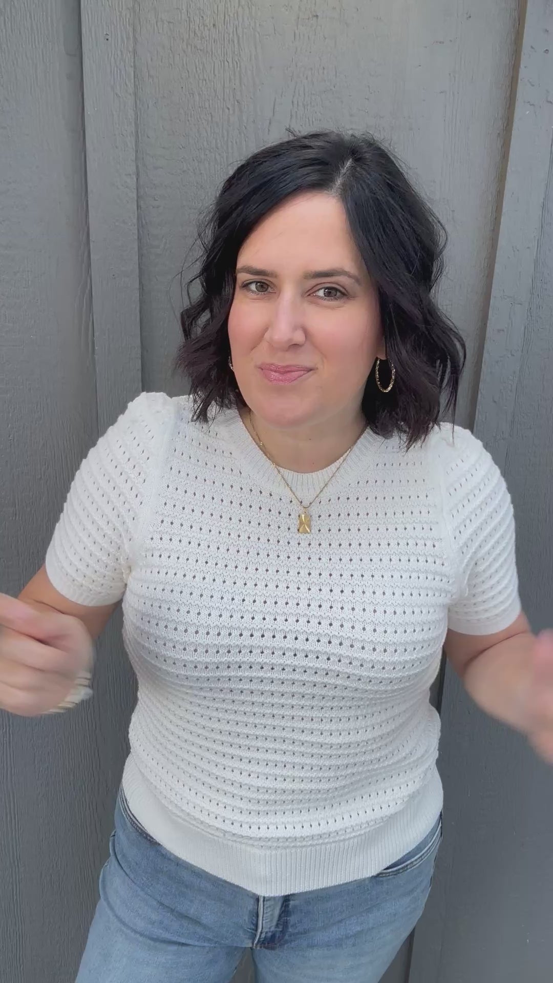 Off White Open Weave Short Puff Sleeve Sweater Top - Sweater STACCATO