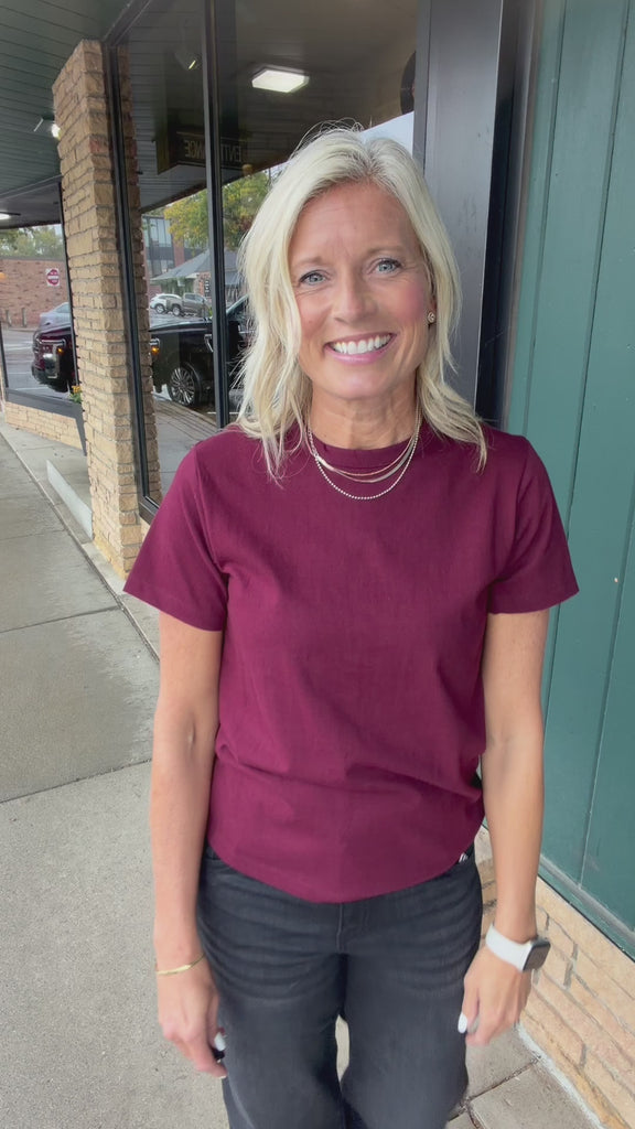 Deep Wine Regina Cotton Crew Neck Tee Top - Tee RD Style