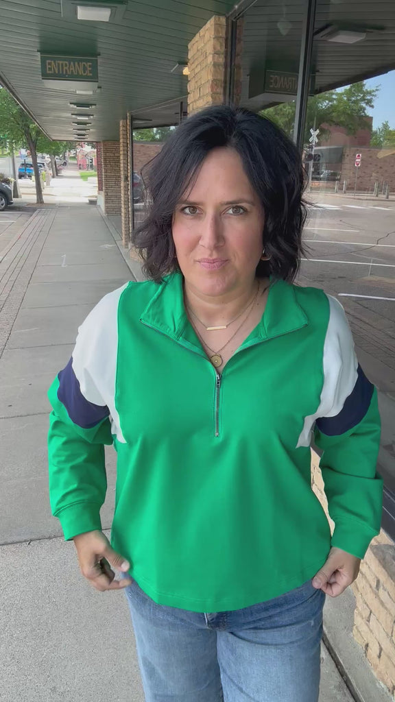 Green & Navy Combo Half Zip Oversized Sweatshirt Top - Sweatshirt WISHLIST