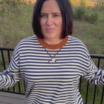 Navy Sand Stripe Contrast Collar Sweater Top - Sweater TRES BIEN