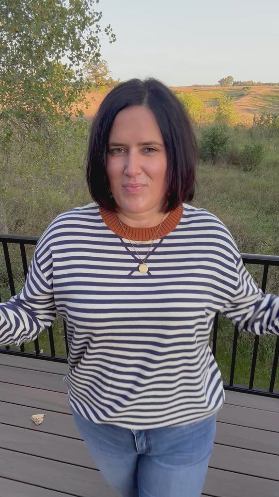 Navy Sand Stripe Contrast Collar Sweater Top - Sweater TRES BIEN
