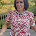 Rust Ivory Jacquard Fringe Trim Puff Sleeve Top Top - Sweater VOY