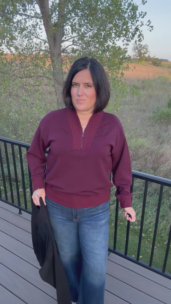 Dark Cherry Quarter Zip Pullover Tops- Sweaters RAE MODE