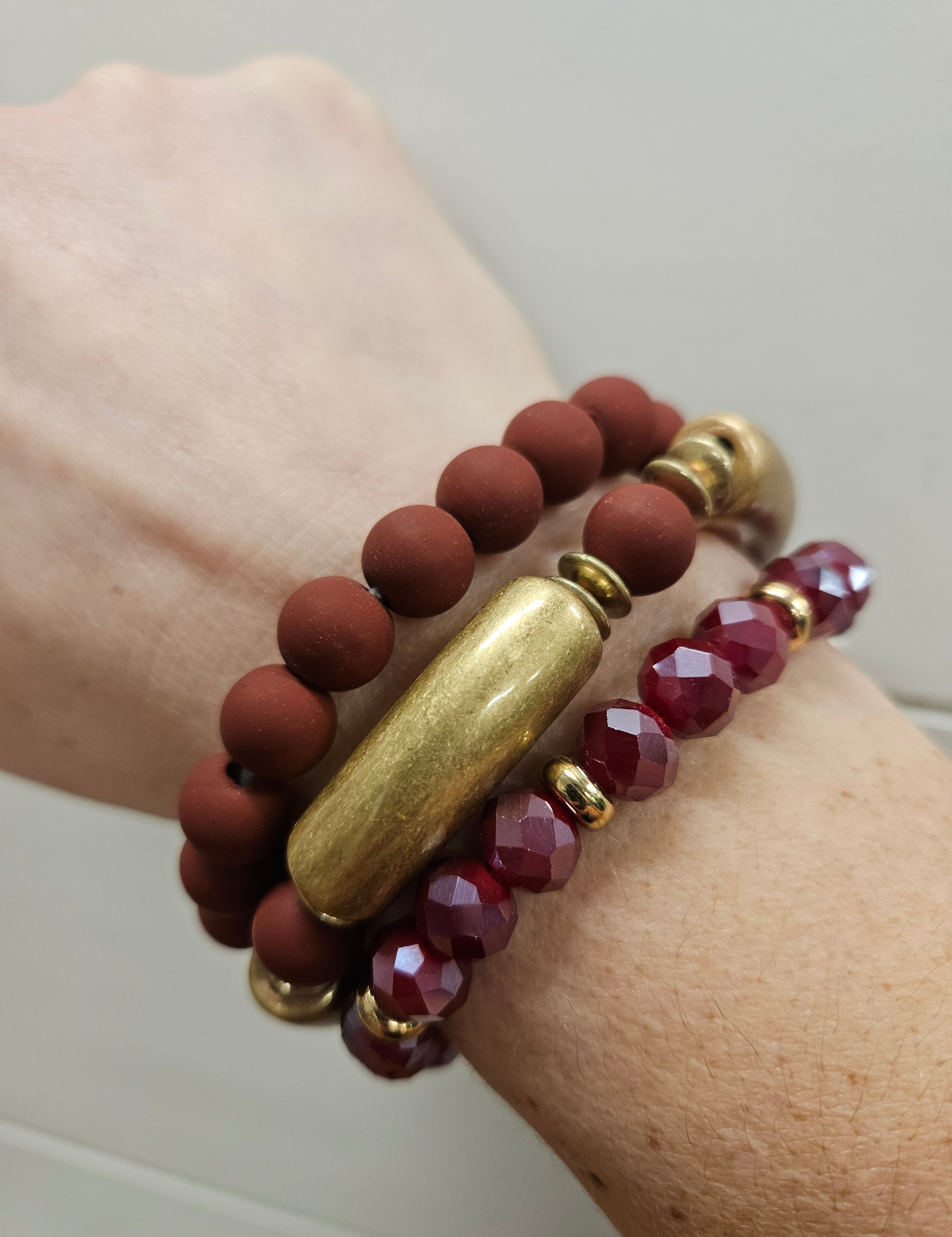 Maroon Clay, Gold & Crystal Bracelets (3) Jewelry- Bracelets WHAT'S HOT
