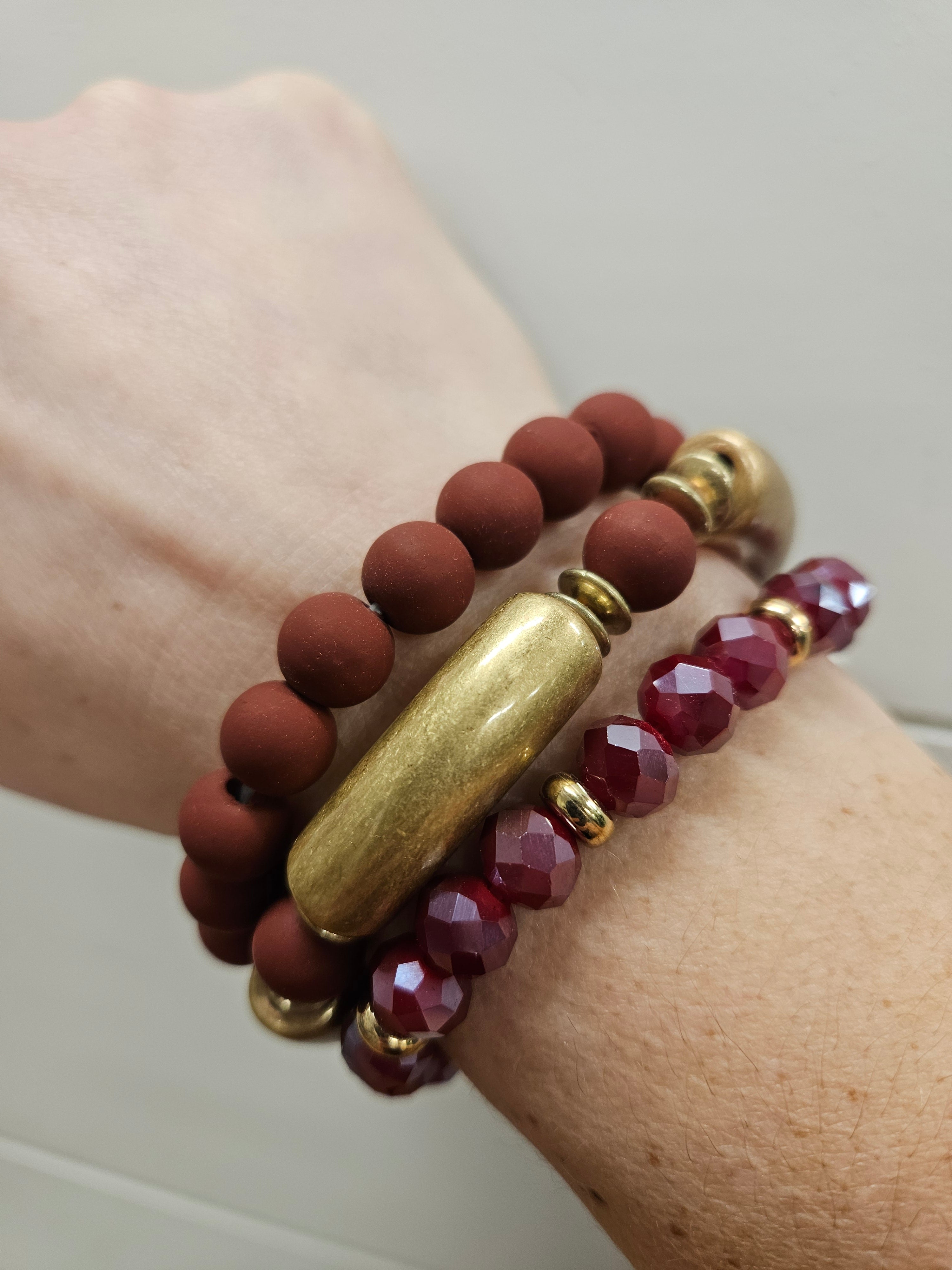 Maroon Clay, Gold & Crystal Bracelets (3) Jewelry- Bracelets WHAT'S HOT