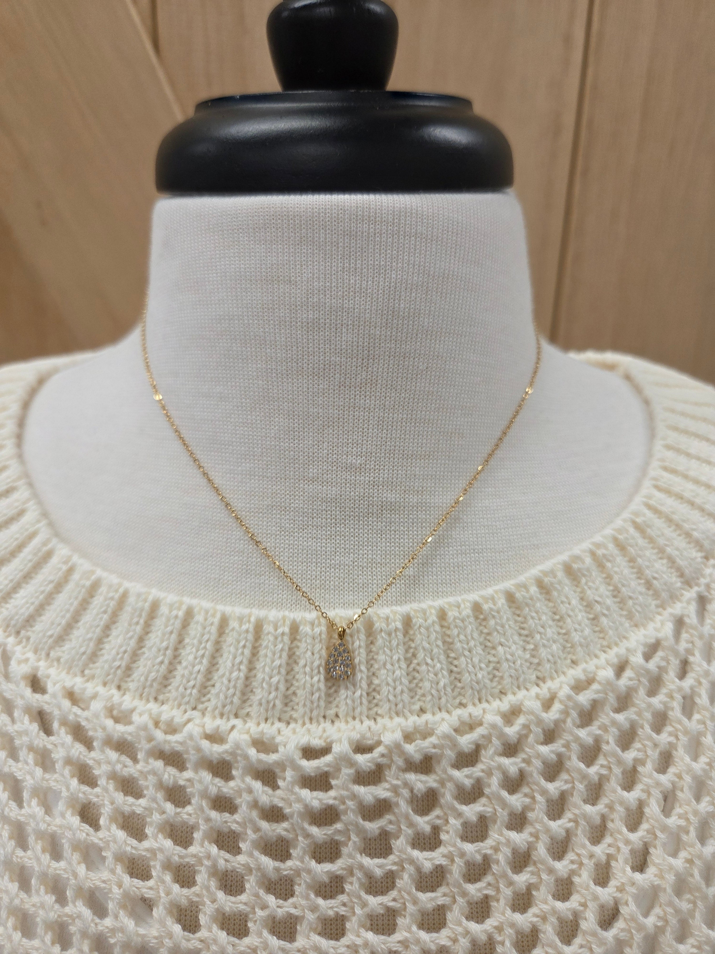 Luxe Gold Necklace w/ Teardrop Rhinestone Pendant Jewelry- Necklace PANACHE